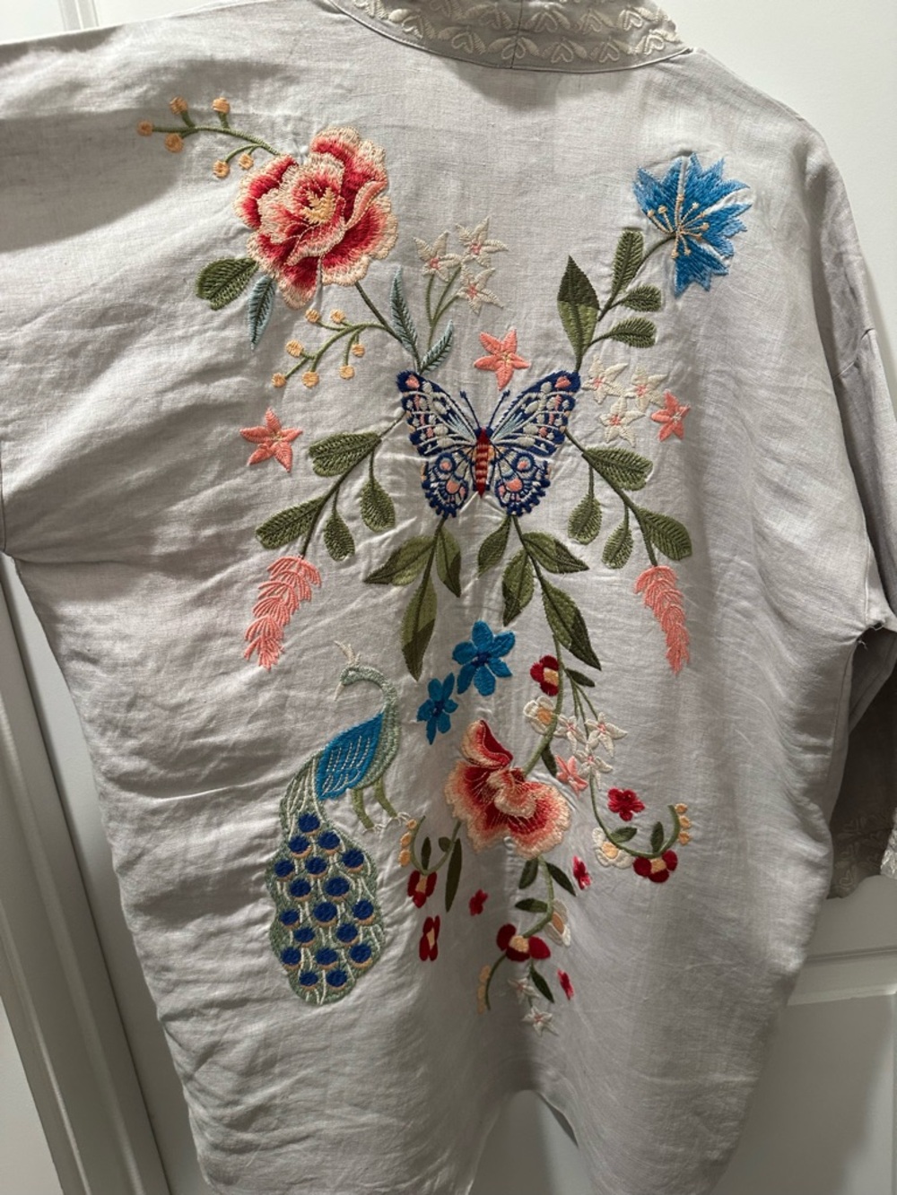 Johnny Was Sand Linen Kimono with Multicolor Embroidery-Nicolette